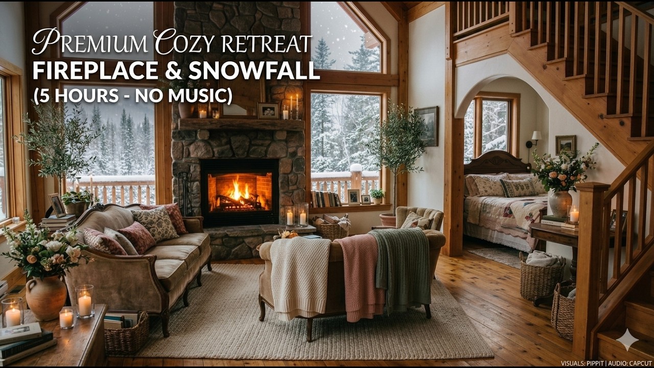 5 Hours Cozy Fireplace & Winter Cabin Ambience ❄️🔥 | Crackling Fire Sounds for Sleep & Relax