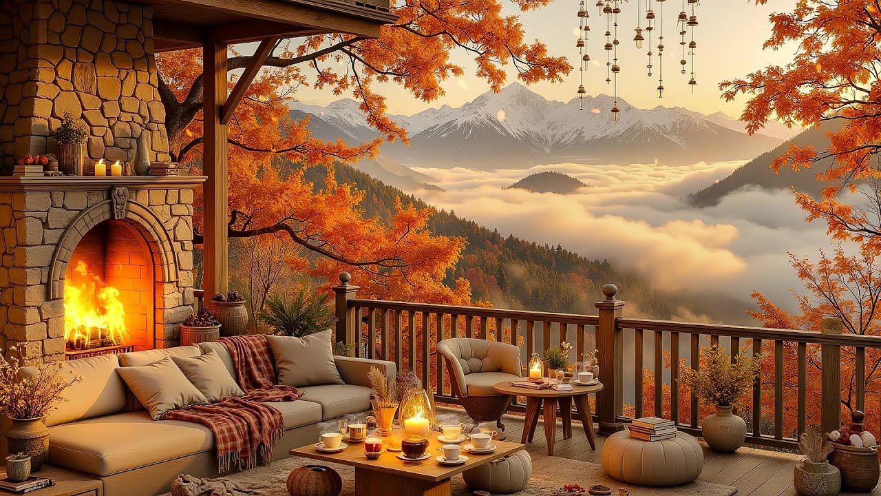 🍂 Autumn Jazz Vibes | Cozy Living Room with Fireplace & Scenic Mountain View for Relaxation