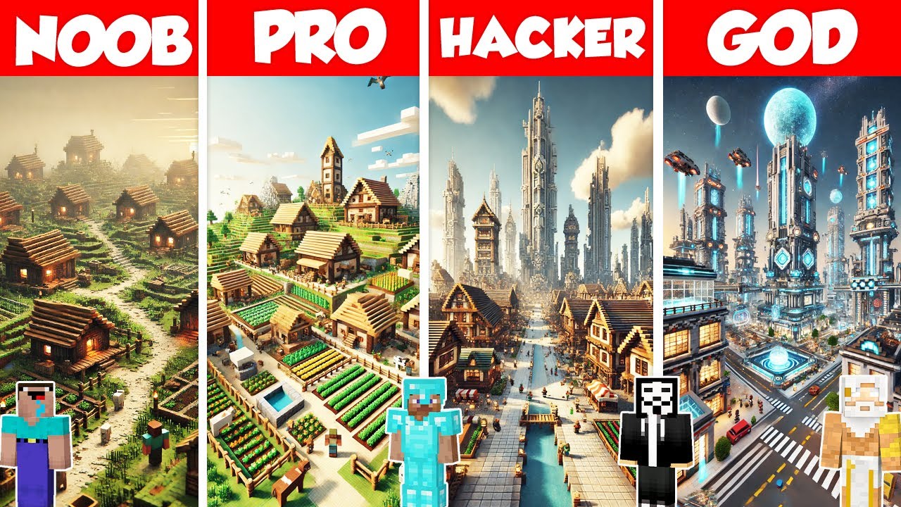 City Build Battle Challenge - Noob vs Pro vs Hacker vs God - Minecraft Animation