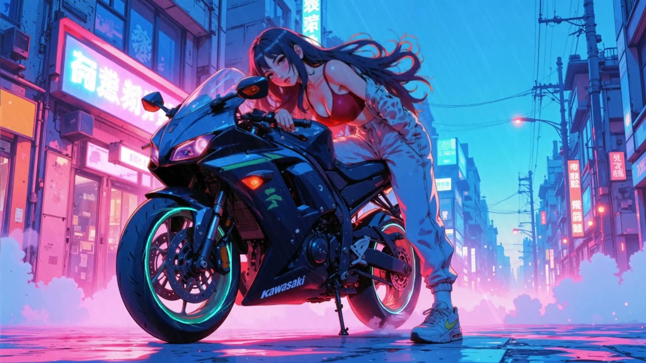 Wallpaper 4k live: Kawasaki Anime Girl Rider In A Neon City Live Wallpaper