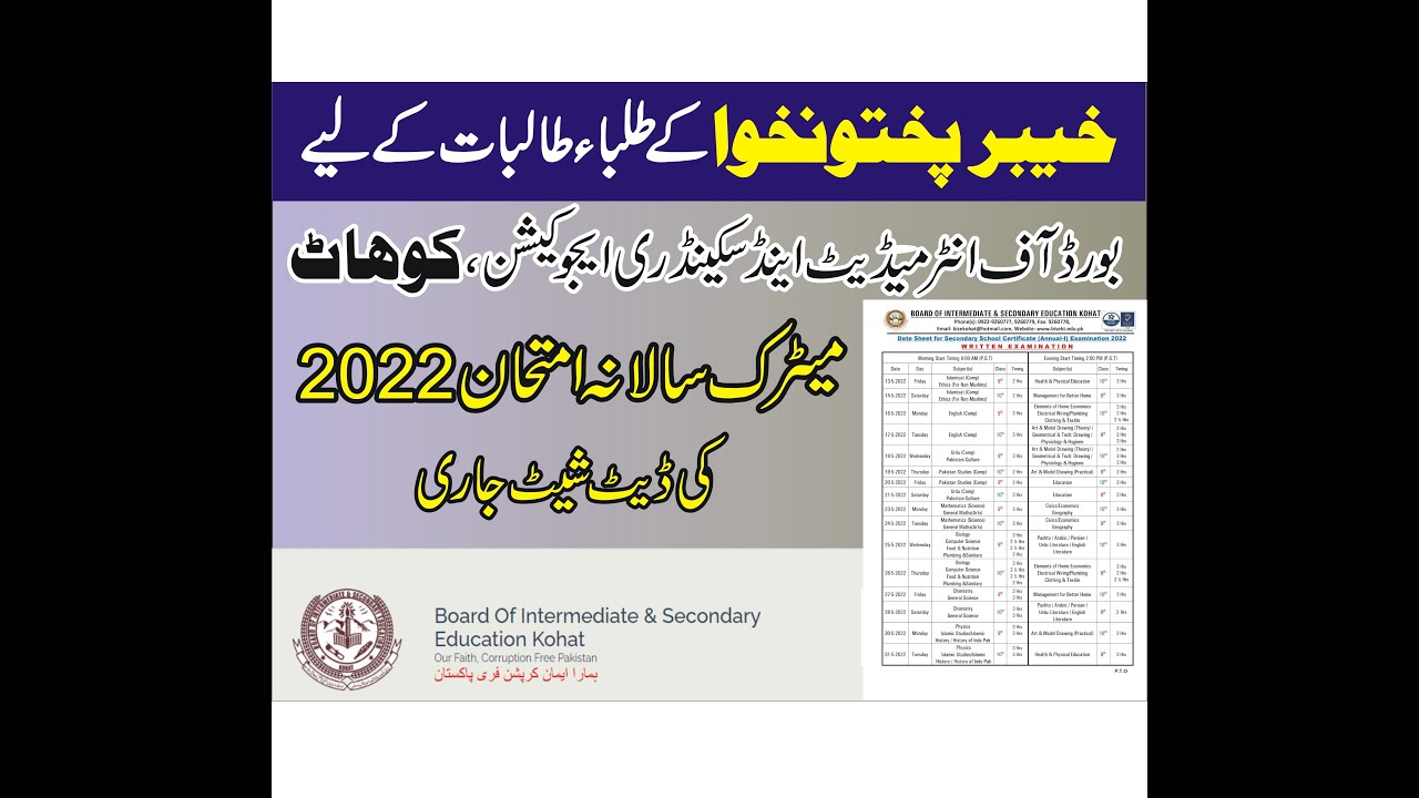 Matric Annual Date Sheet Annual 2022 For Kohat Board (KPK)