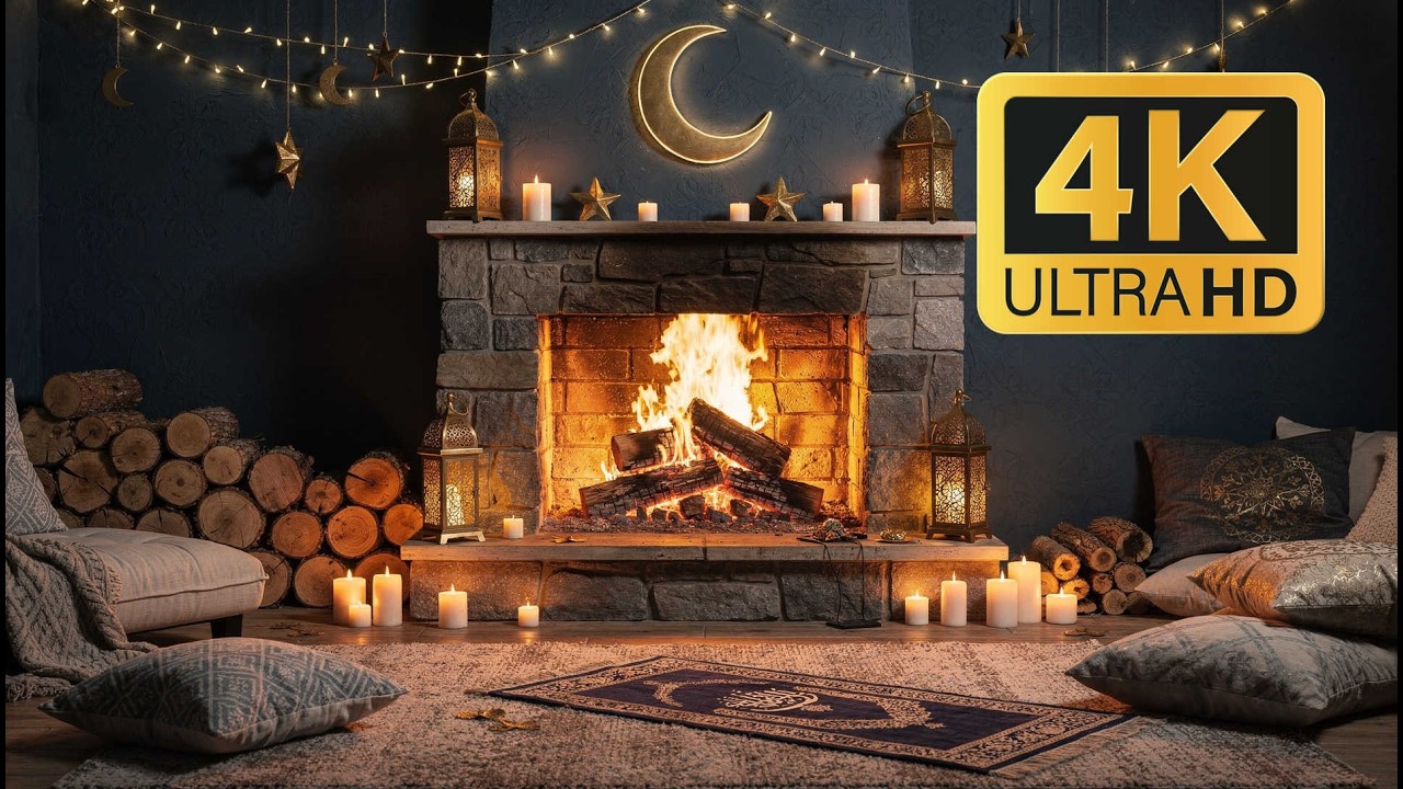 12H Ramadan Night Fireplace 4K 🌙 Lantern Light & Peaceful Crackling Fire (No Music)