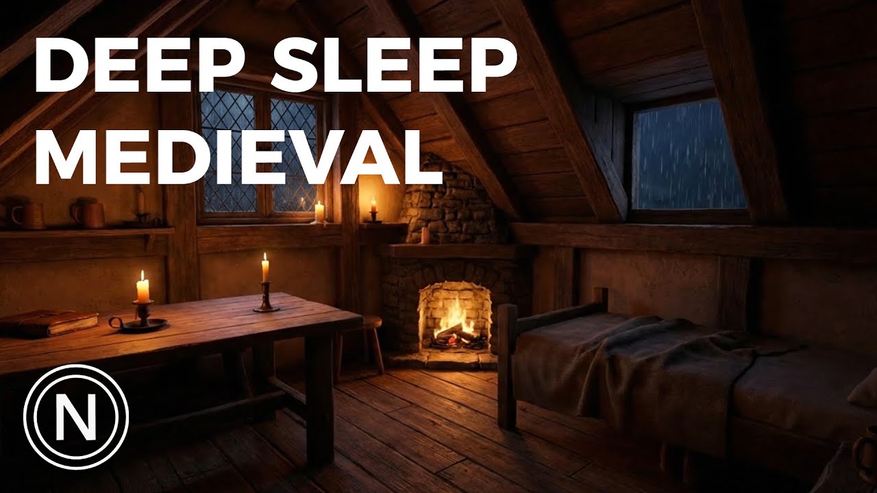 Medieval Tavern Upstairs Room Rainy Night Ambience for Deep Sleep 10 Hours | 4K