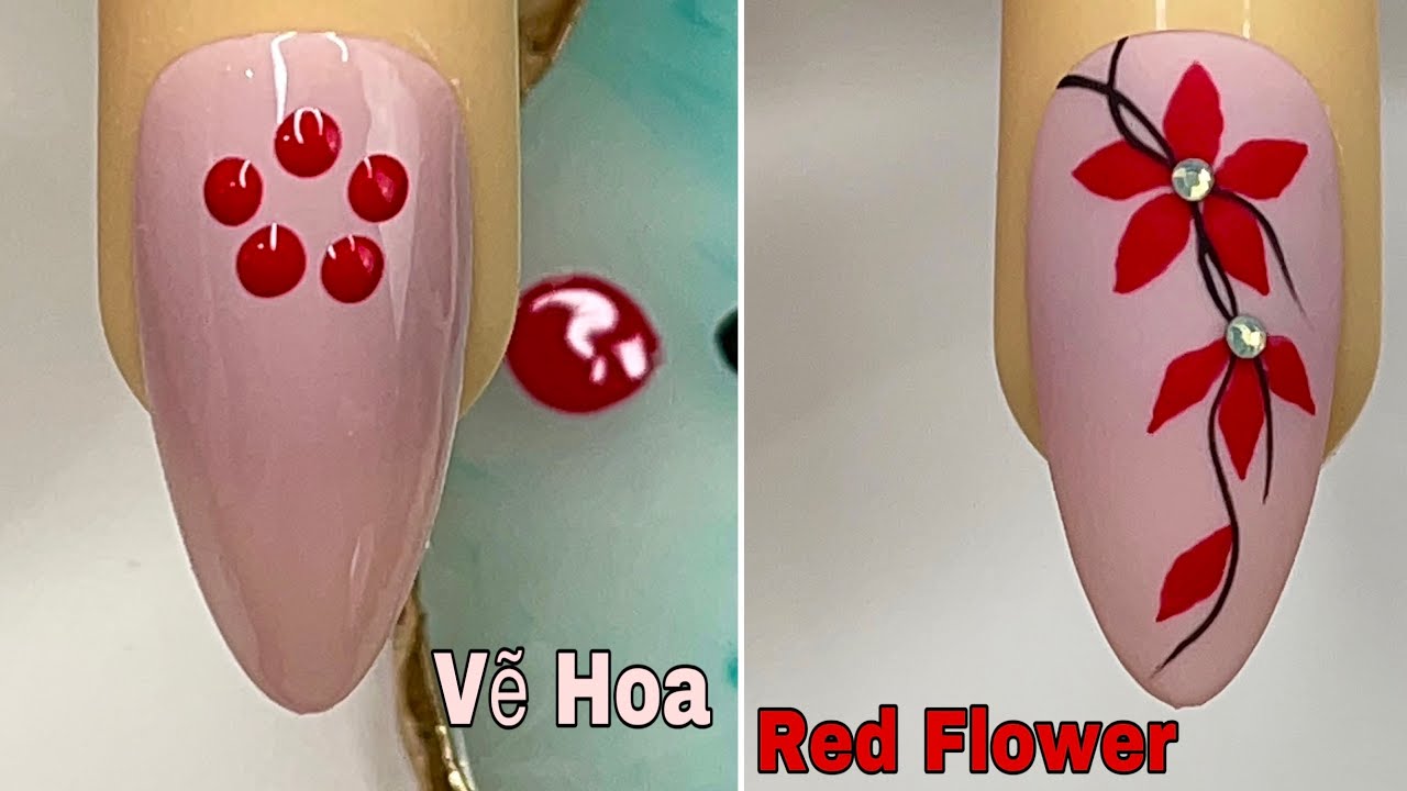 Easy Red Flower Nails Art For Beginner 💖Vẽ Hoa💅 New Nails Design 💝 New Nails