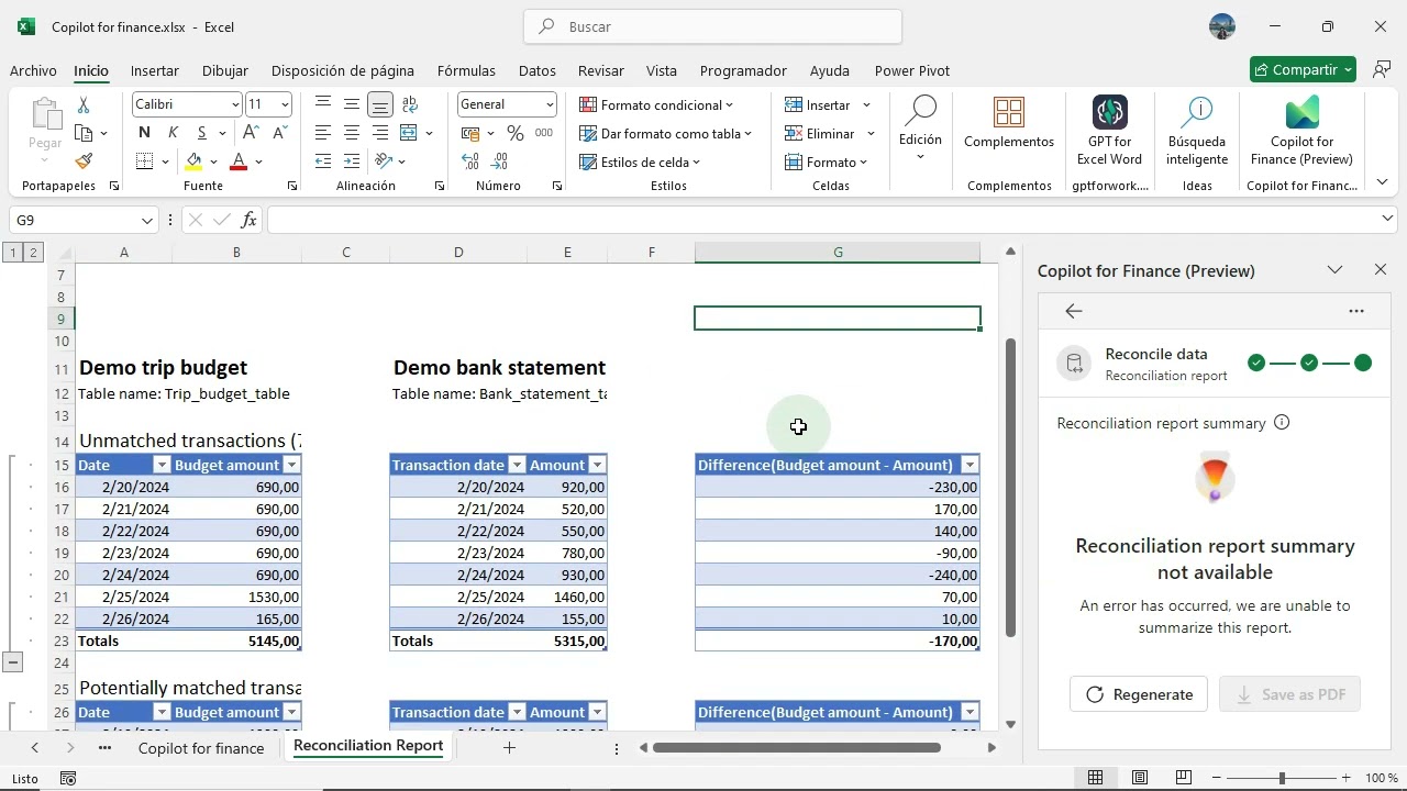 Ejemplo dado en Copilot for finance en Excel