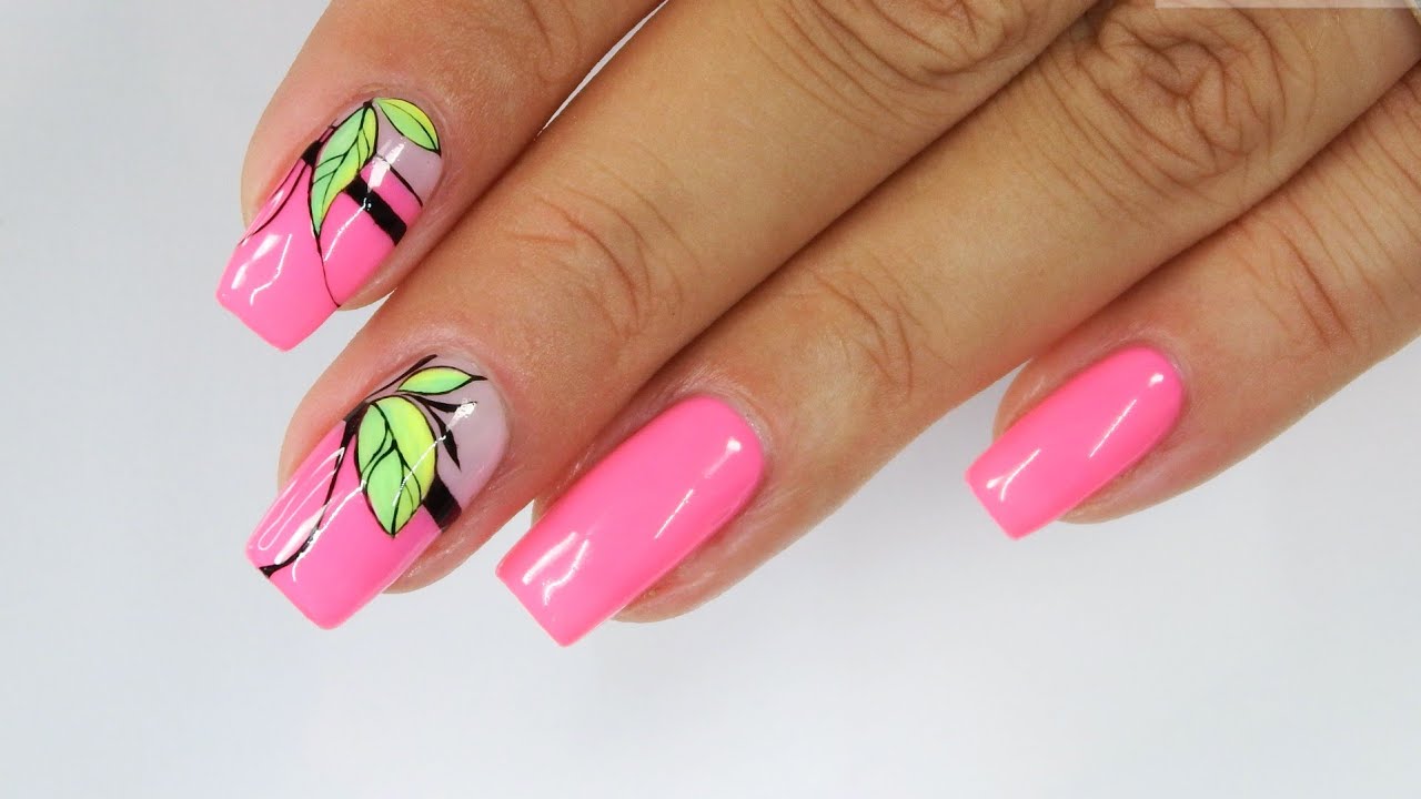 Pink Neon and Green leaves nails art / STAR NAIL CUCCIO