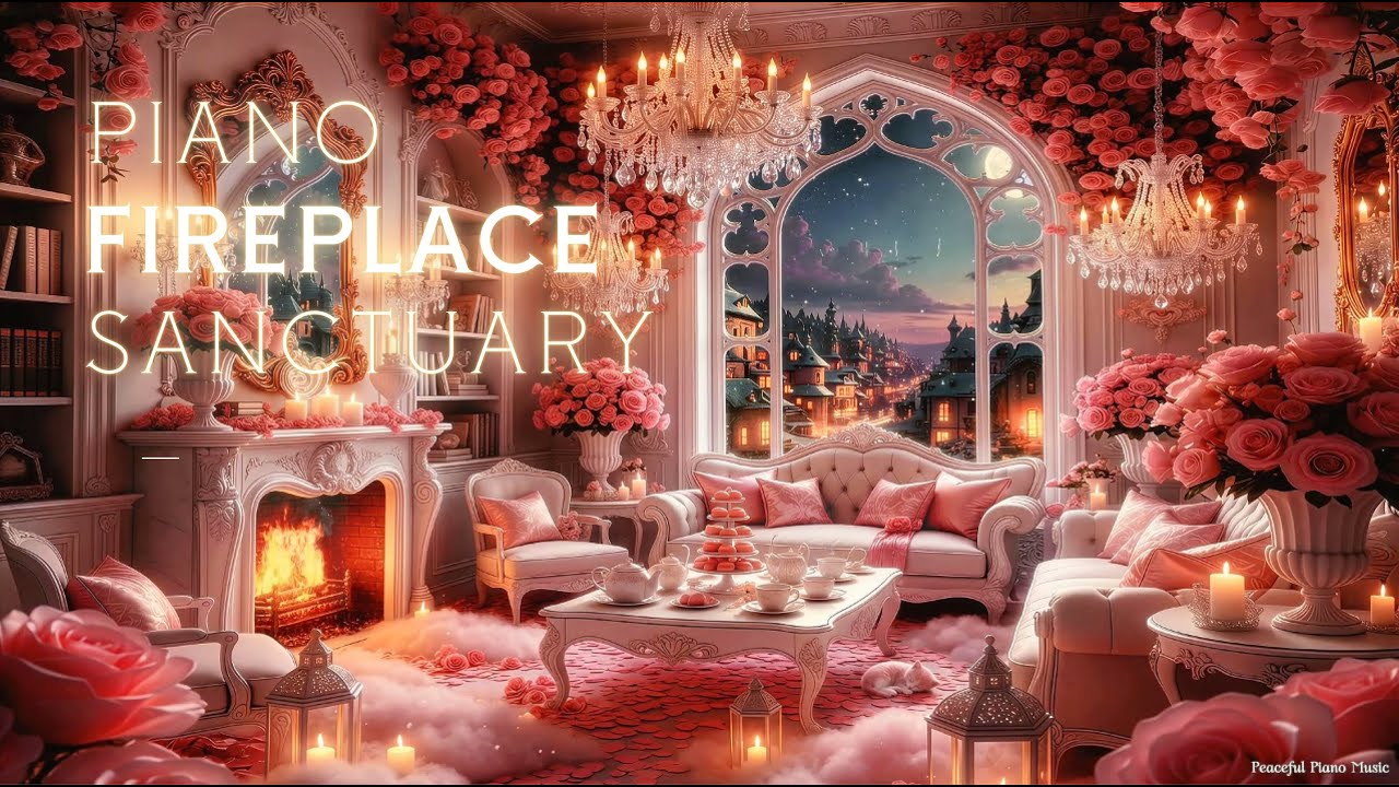Soft Piano & Fireplace Sounds for Deep Sleep,Calm & Focus | Night Relaxation in a Pink Living Room