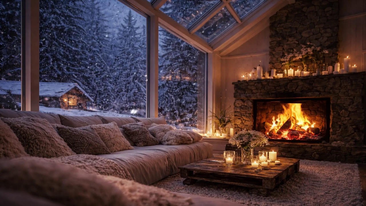 Snowfall Cafe Ambience  Fireplace & Gentle Jazz Music