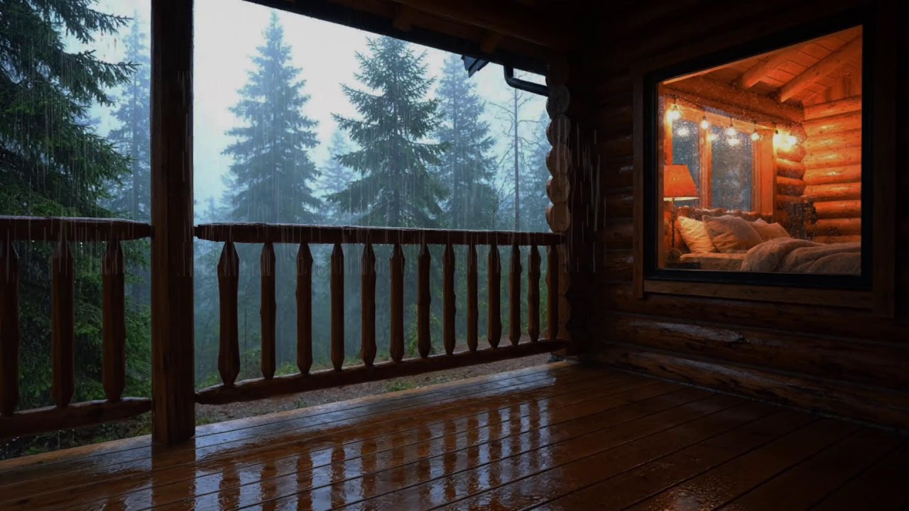 Gentle Forest Rainfall at Night Inside a Warm Cabin 🌲🌙 | Relaxing Sleep Ambience