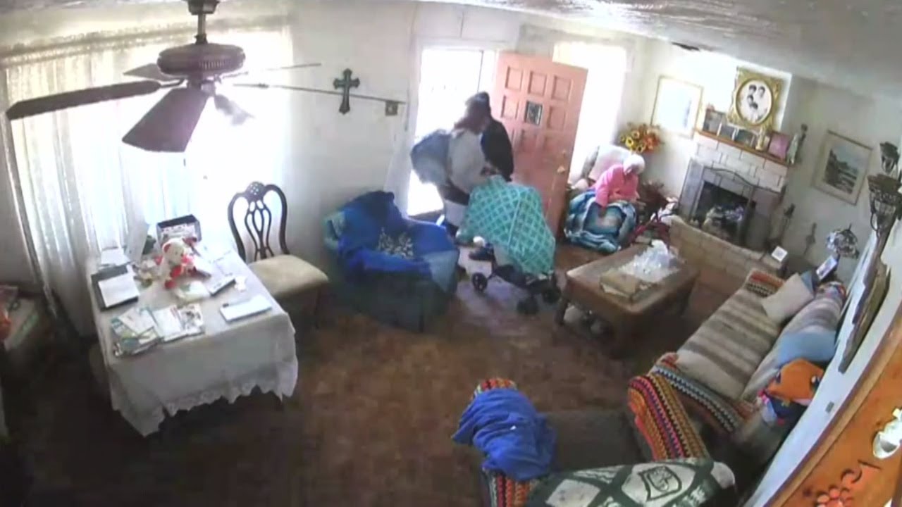 Surveillance cameras captures burglars breaking into home as elderly homeowner watches