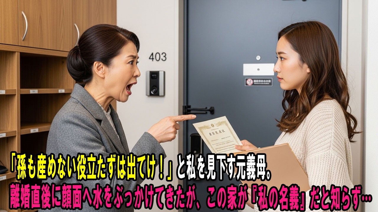 「孫も産めない役立たずは出てけ！」と私を見下す元義母。離婚直後に顔面へ水をぶっかけてきたが、この家が『私の名義』だと知らず…