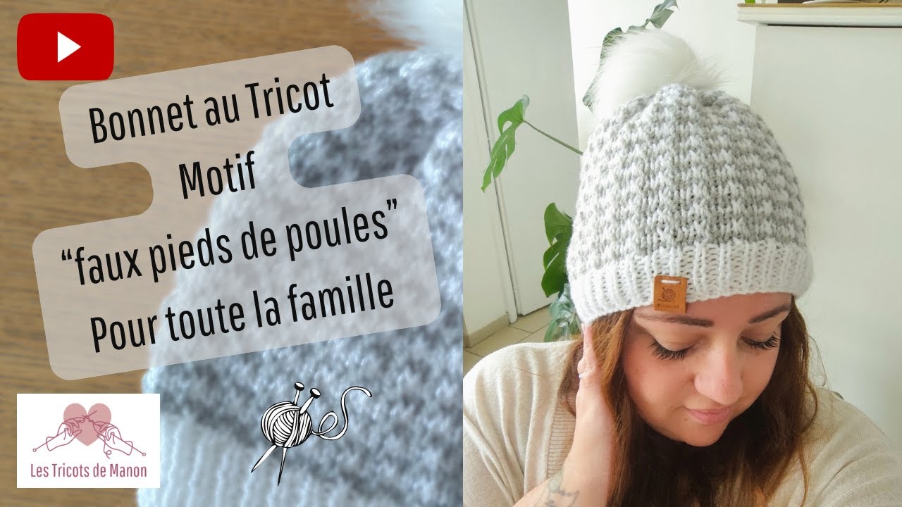 Bonnet pour toute la famille au tricot - motif ''Faux pieds de poules''