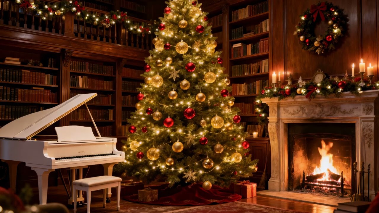 Cozy Christmas Library Piano Jazz 🎄🔥 | Fireplace Ambience for Relax & Focus