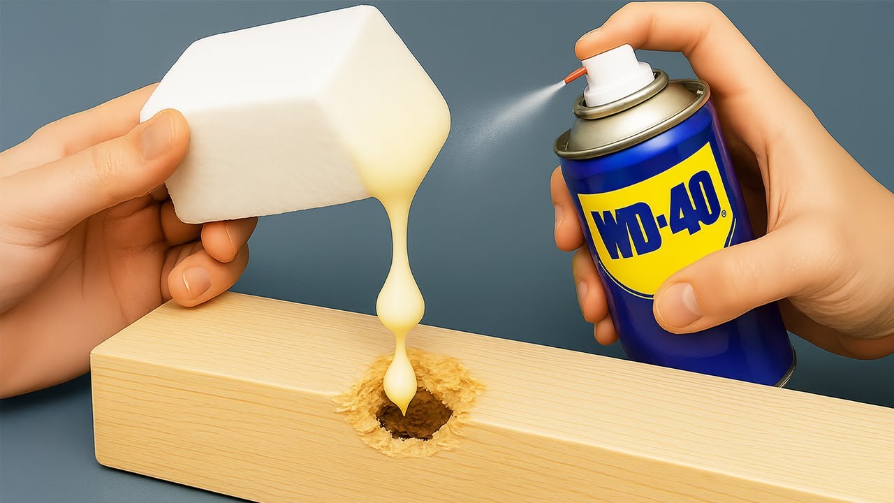 Секретный трюк 65-летнего плотника с WD-40 и пенопластом для заделывания трещин в дереве!
