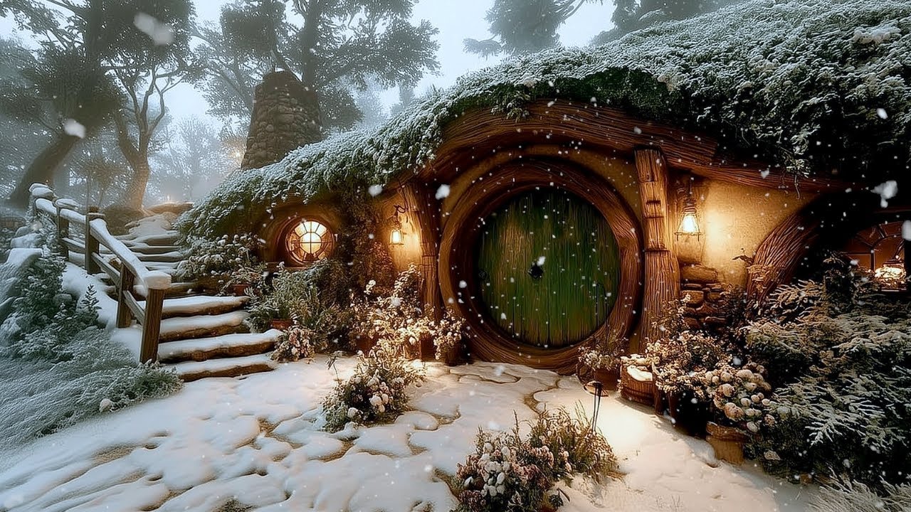 Magical Hobbit House in the Frozen Woodlands | Enchanted Music & Snow Falling Sounds