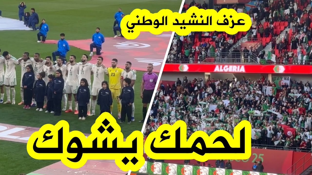 لحظة عزف النشيد الوطني الجزائري وتفاعل لاعبي الخضر قبل انطلاق المباراة أمام الكونغو الديمقراطية