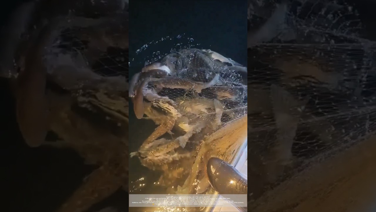 A big catch in the river fishing net and an unexpected escape
