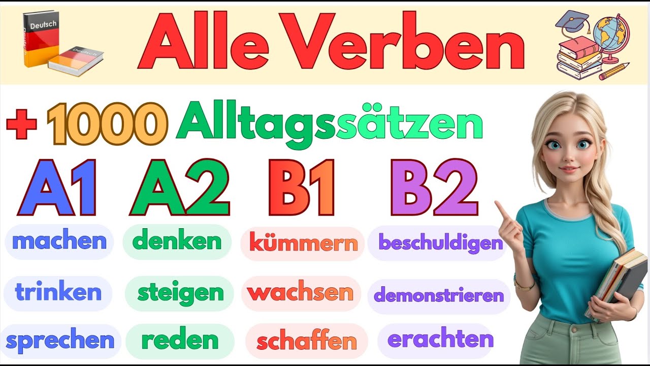 Alle deutschen Verben A1–A2–B1–B2 mit 1000 Alltagssätzen 🚀📚