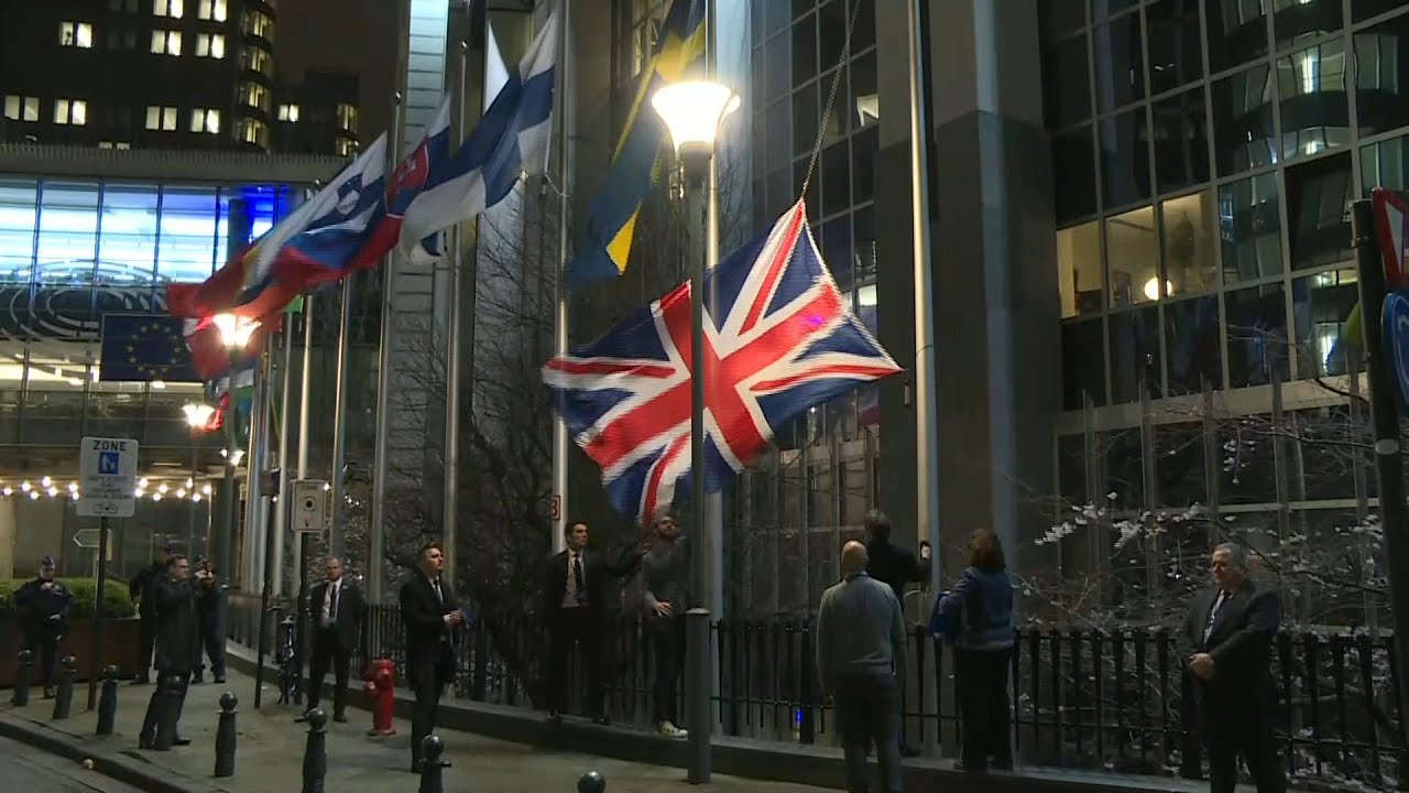 EU lowers UK flag outside European Parliament building in Brussels | AFP