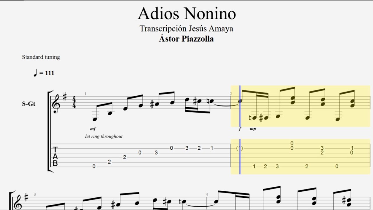 Tablatura Piazzolla Guitarra: Adios Nonino - Jesús Amaya...