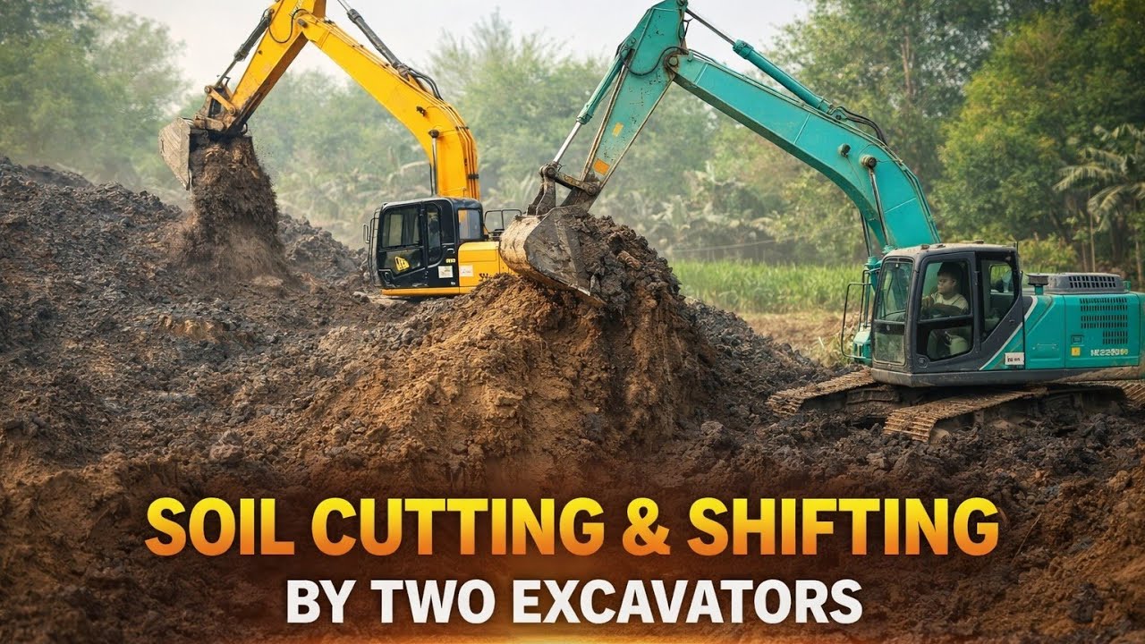 Soil cutting & Shifting by two excavator. Heavy equipment work at construction site.Canal excavation