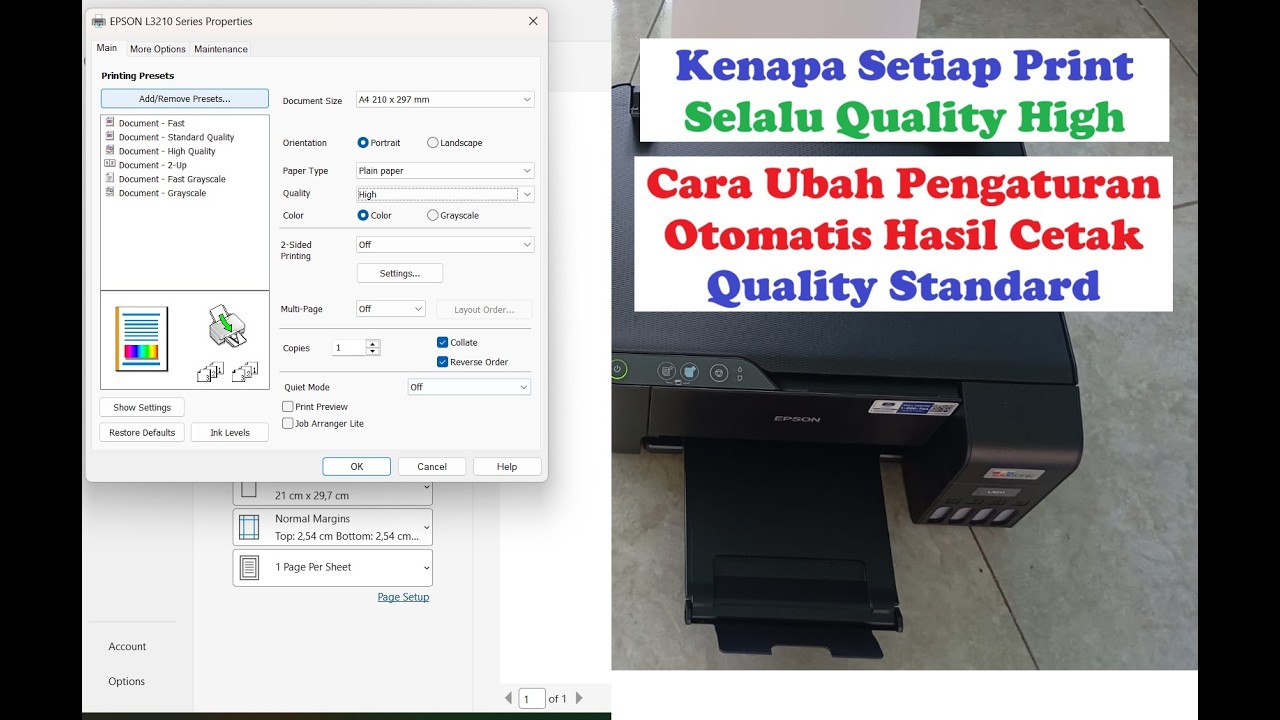 Cara Mengubah Hasil Cetak Printer Otomatis Quality High ke Standard