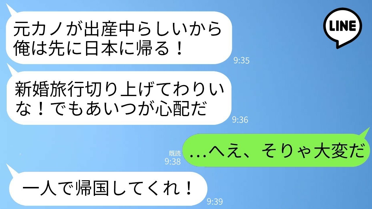 新婚旅行の最中、元カノの出産を理由に私を残して帰国した夫。「心配だから行く！」と言い張る夫に呆れた私が帰国後に決断した結果…