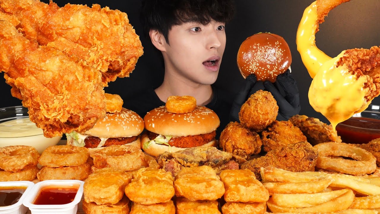 ASMR MUKBANG FRIED CHICKEN & SPICY CHICKEN BURGER & FRENCH FRIES & CHICKEN NUGGETS & ONION RINGS