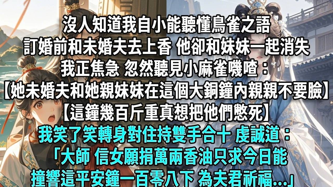 沒人知道我自小能聽懂鳥雀之語，訂婚前和未婚夫去上香，他卻和妹妹一起消失，我正焦急，忽然聽見小麻雀嘰喳：【她未婚夫和她親妹妹在這個大銅鐘內親親不要臉】【這鐘幾百斤重，真想讓姐姐把他們憋死】
