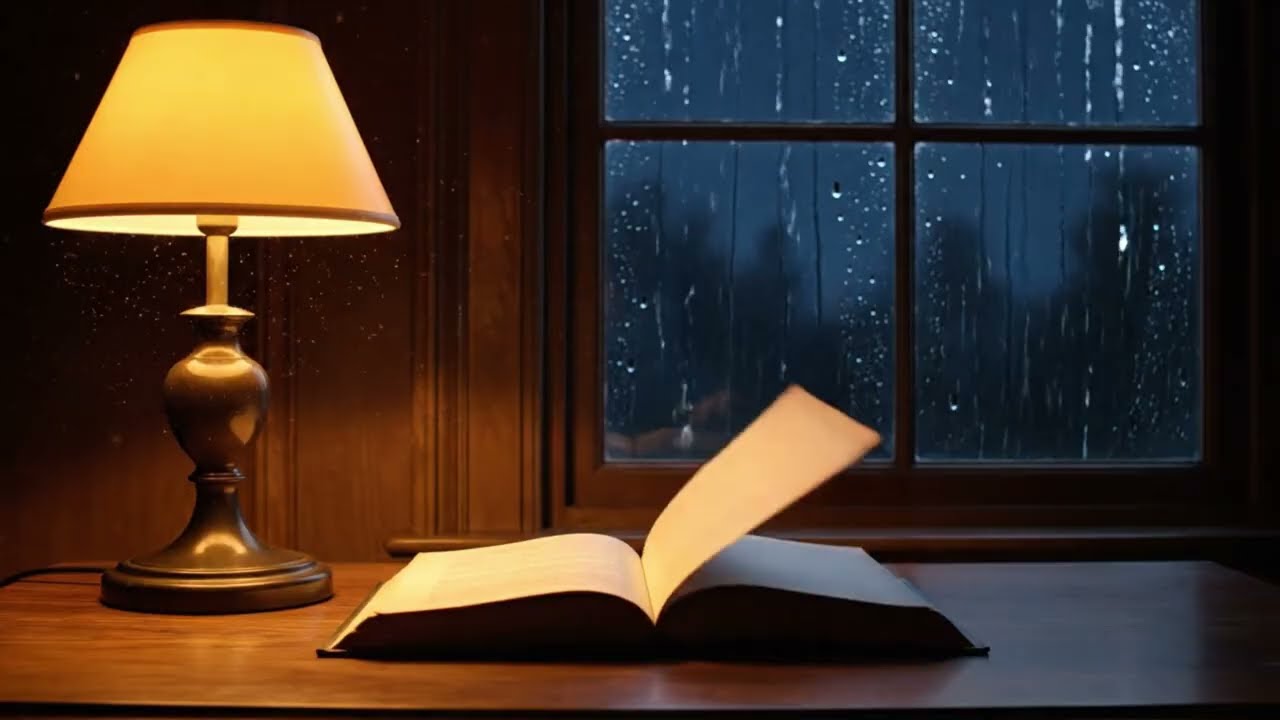 Cozy Rainy Night Ambience Lamp Light & Open Book | Relaxing Rain Sounds for Study, Sleep & Reading