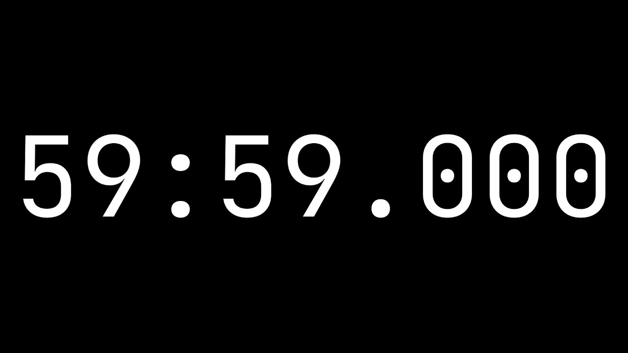 Countdown timer 59 minutes, 59 seconds [59:59.000] - White on black with milliseconds