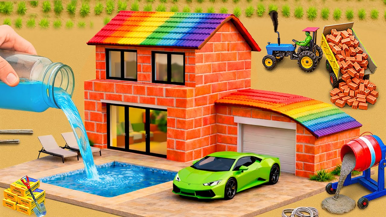DIY Mini Tractor Builds 2-Story Brick House with Rainbow Roof and Cement Pool | Mini Construction