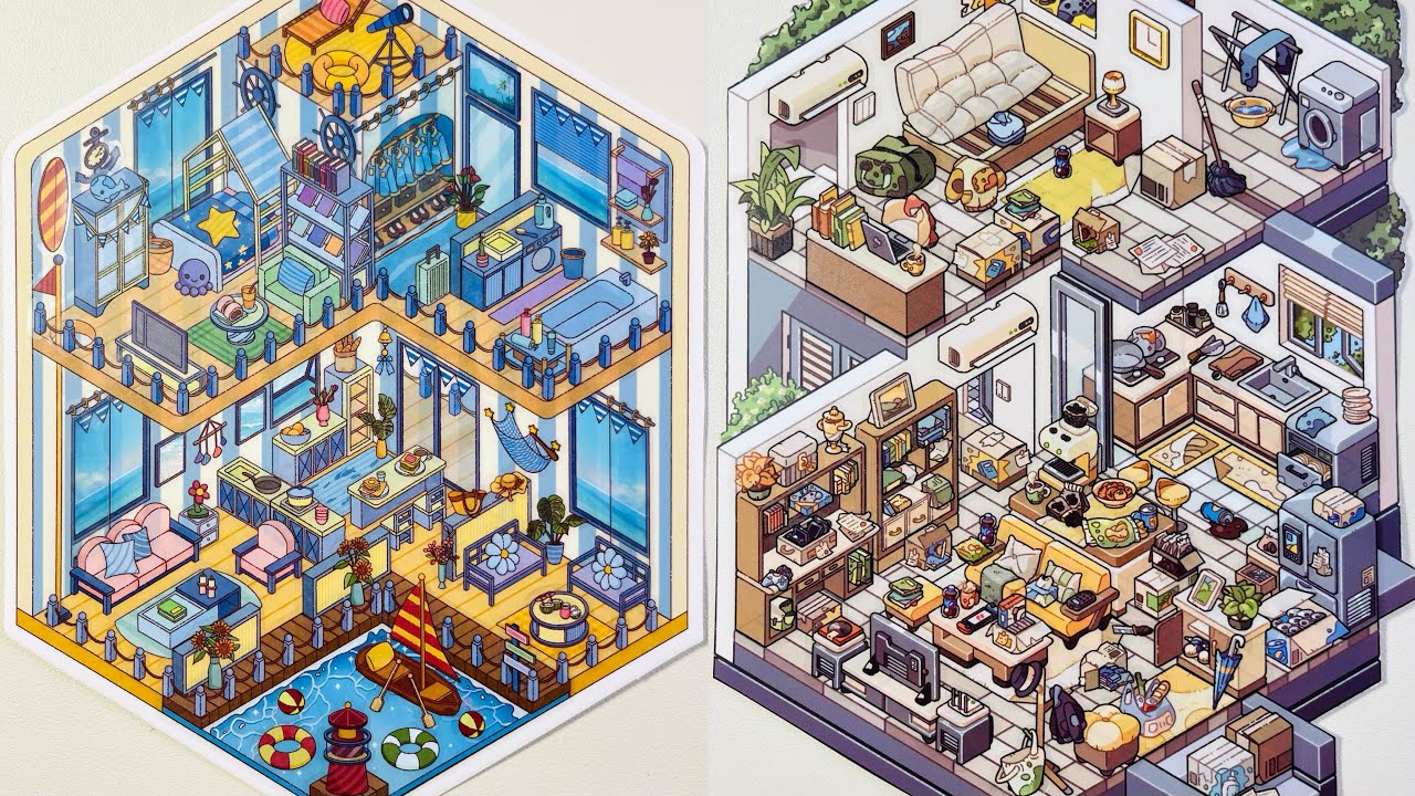 [ASMR]Make a blue ocean room and a small apartment with stickers