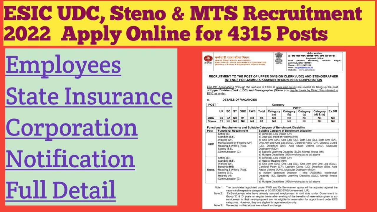 ESIC Recruitment 2022/UDC,Steno and MTS 4315 Vaccancy/ESIC UDC and Steno Recruitment Jammu and 2022