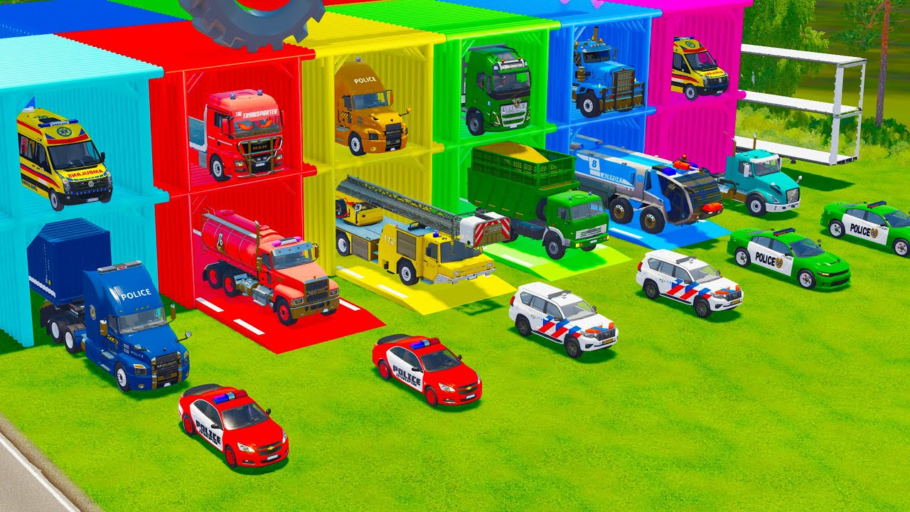 TRANSPORTING EMERGENCY AND POLICE CARS, FIRE ENGINE, MILK TANK & DUMP TRUCK TO GARAGE - FS22