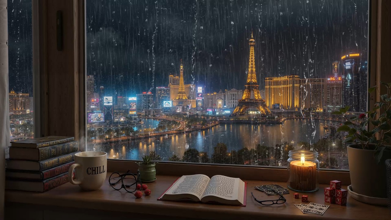 Las Vegas on a Rainy Night Ambience ☔ Sweet Jazz Melodies & Rain Sounds for Focus, Study