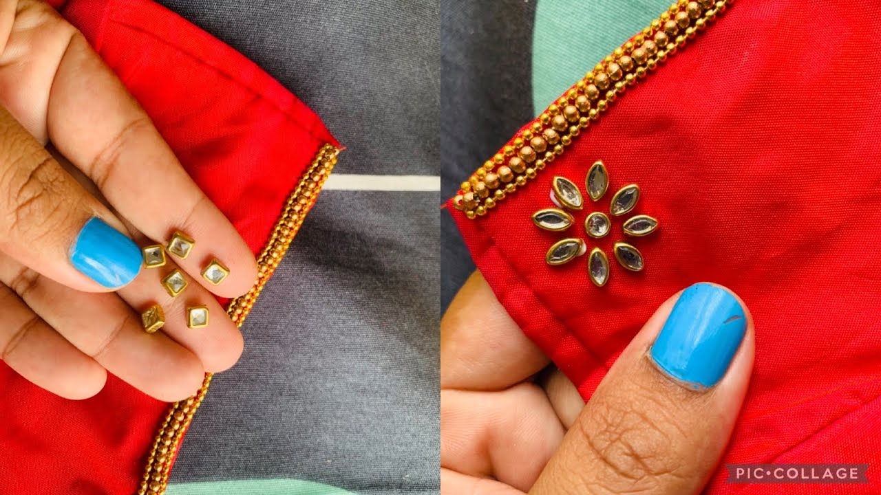 Simple & Elegant Kundan Work Bridal Blouse Design On Stitched Blouse With Normal Stitching Needle