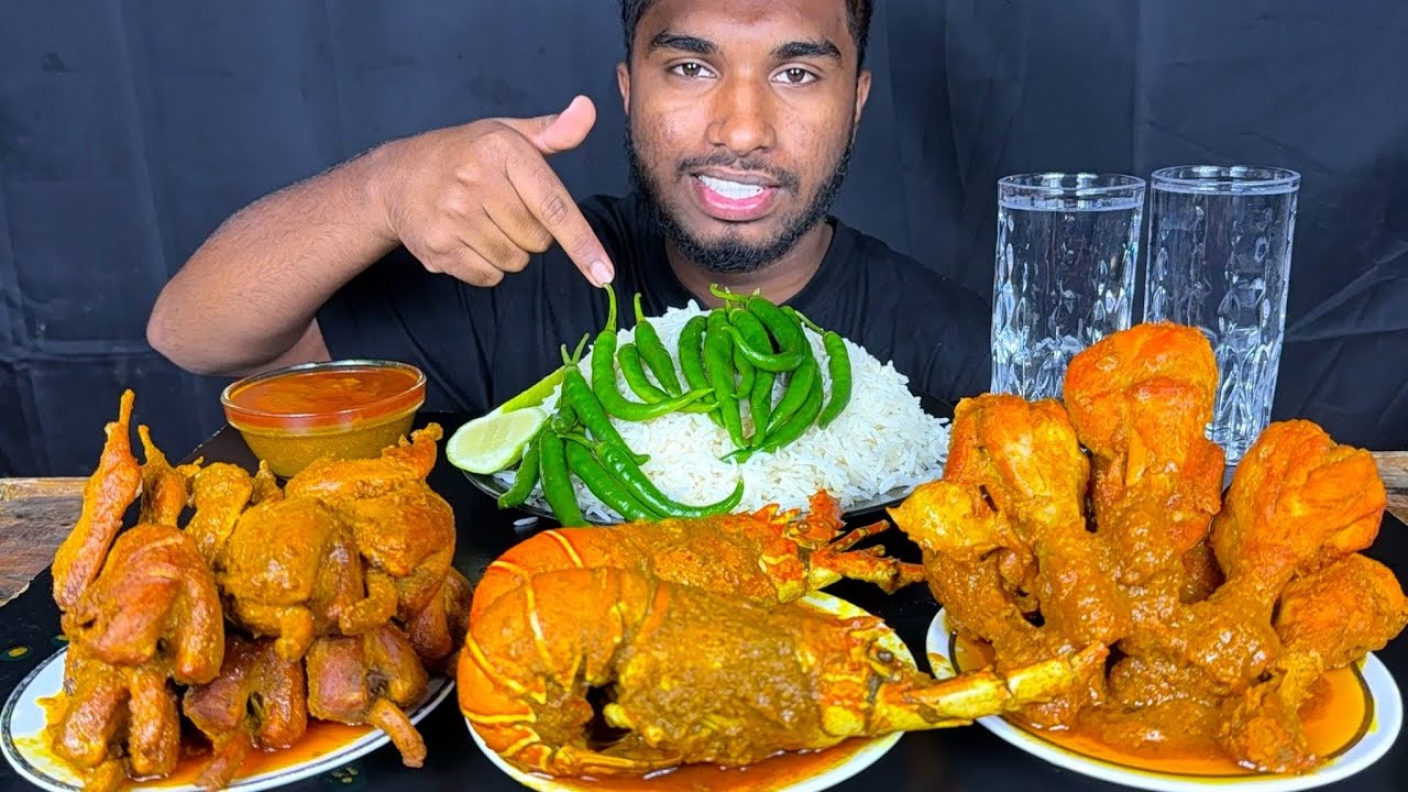 chicken leg piece curry, spicy lobster curry and quail curry with chilli rice mukbang eating show