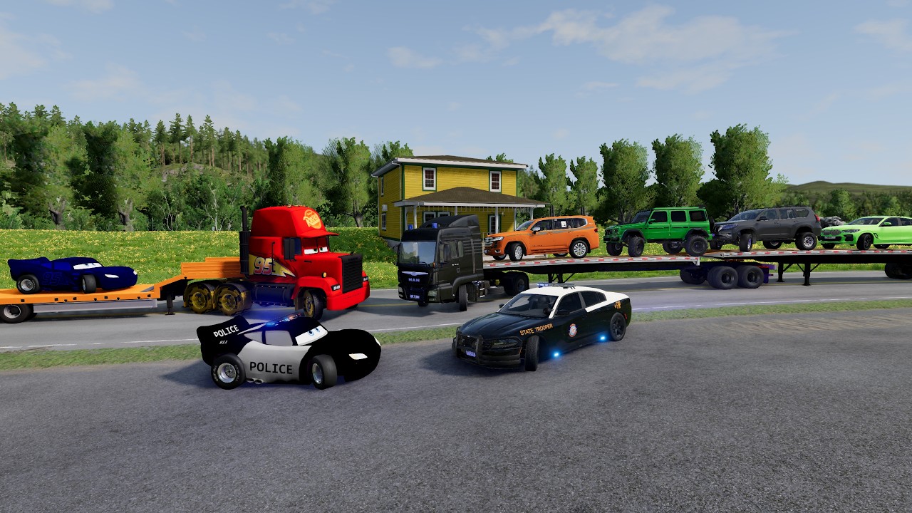 Truck Carrying 4 Cars & Lightning McQueen Police vs Train 🚛💥 | BeamNG.drive Beamng.Drive #0004