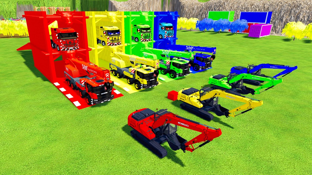 Garage With trucks - ALL COLORFUL KOBELC EXCAVATOR, CRANE TRUCK TRANSPORTING WITH FLATBED TRUCK#fs22