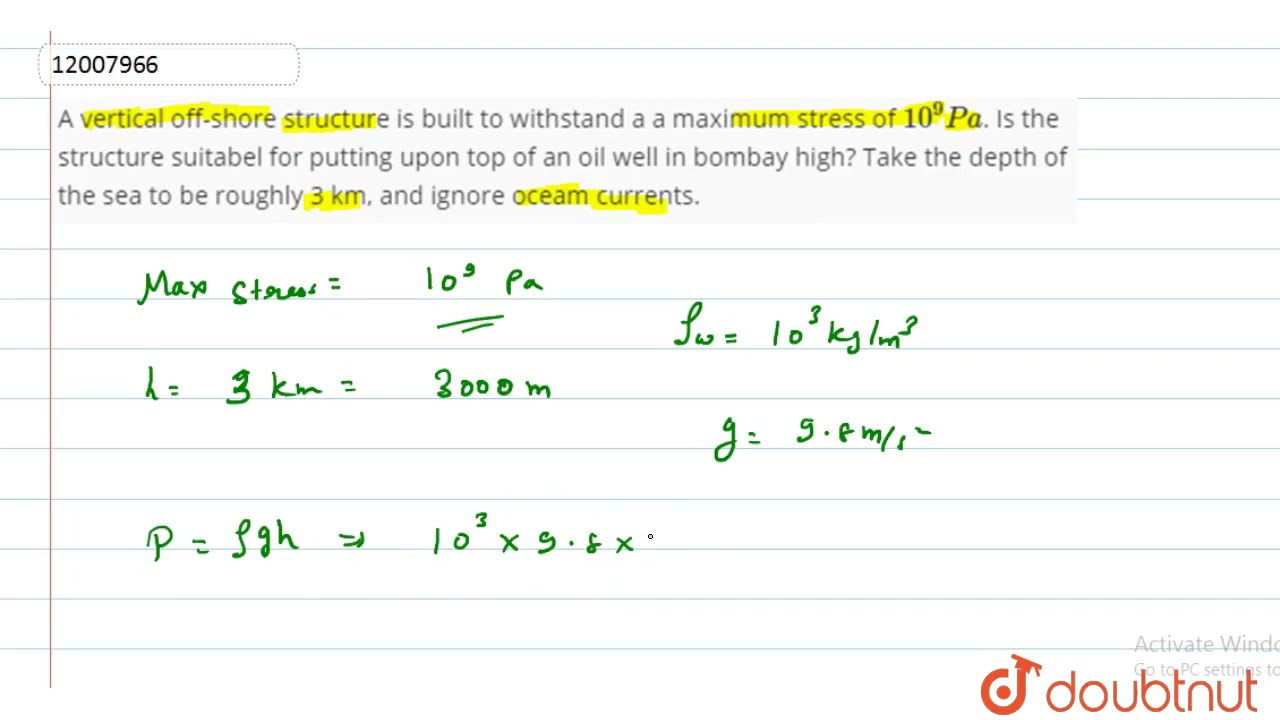 A vertical off-shore structure is built to withstand a a maximum stress of 10^(9)Pa. Is the stru...