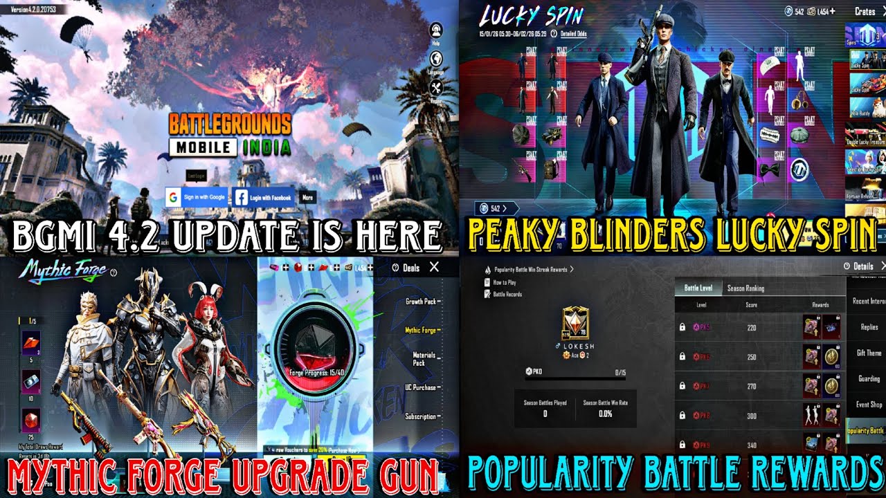 BGMI 4.2 UPDATE IS HERE|MYTHIC FORGE UPGRADE GUN| PEAKY BLINDERS LUCKY SPIN|POPULARITY BATTLE REWARD