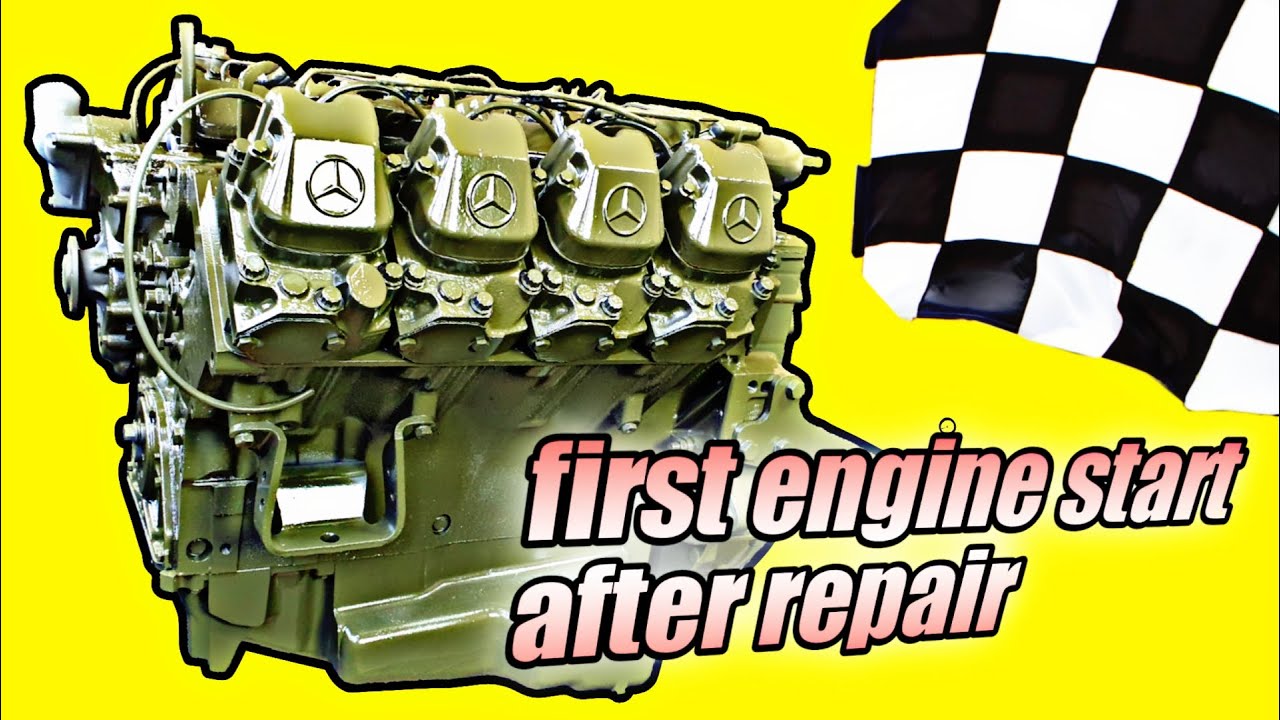 The first start of the Mercedes engine after repair///painting