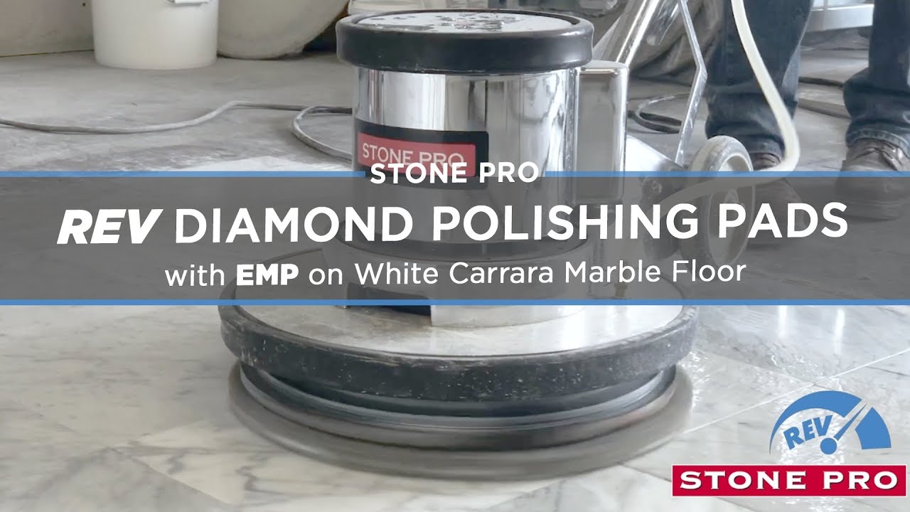 StonePro REV Diamond Polishing Pads on White Carrara Marble Floor