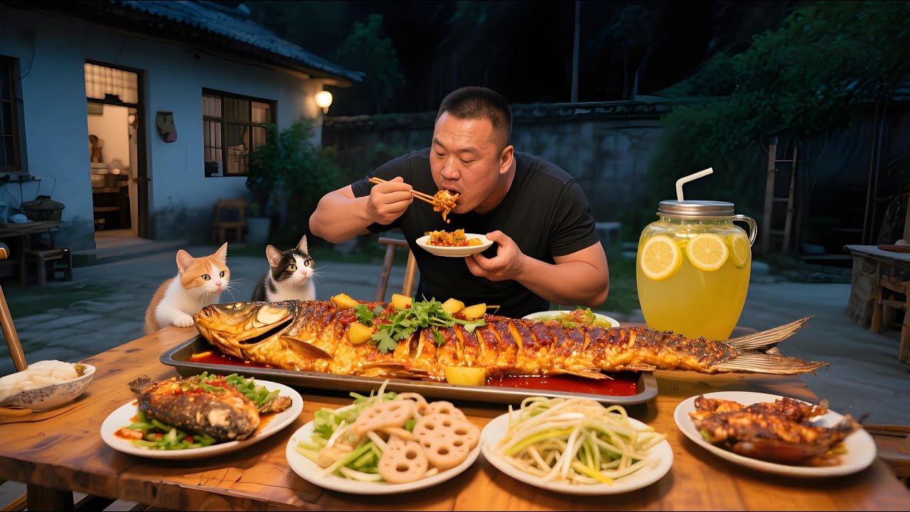 谁看谁馋！农家小院里啃爆汁烤鱼，吨吨喝柠檬饮，小猫蹲旁等投喂！惬意~【孤独的美食咖】