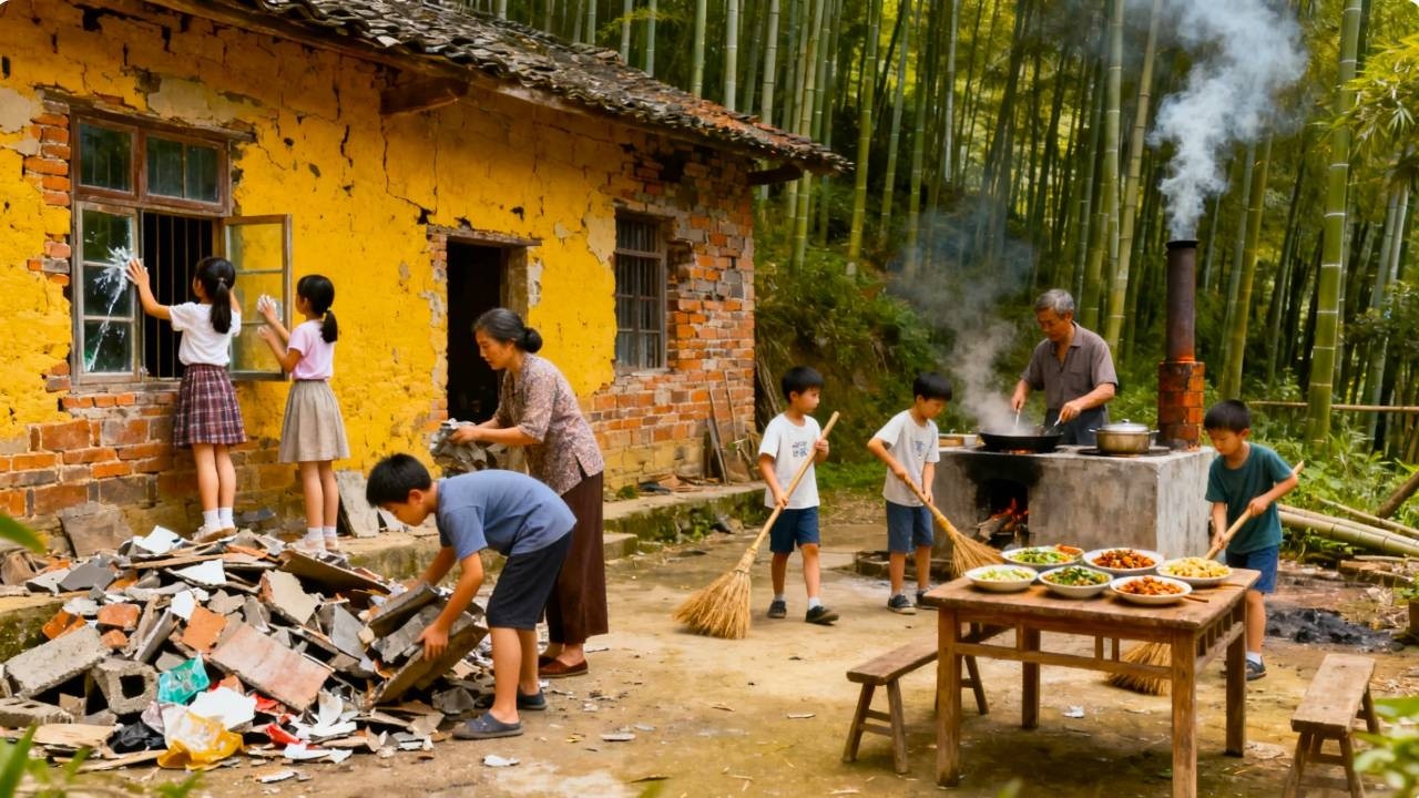 【一家七口隐居深山】花了2000块租的房子，今天妈妈带着孩子们把家里搞卫生，孩子们都十分积极！#vlog#山居生活