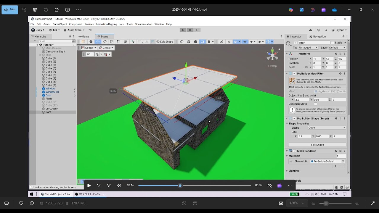 Probuilder, Unity.  Create the roof for the house prefab quickly and easily.