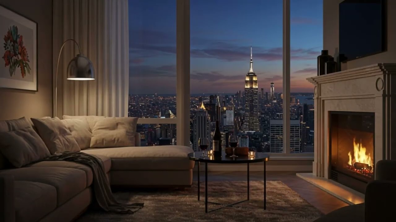 Smooth Evening Jazz in Manhattan | Fireplace Warmth & Skyline Views (No Ads)