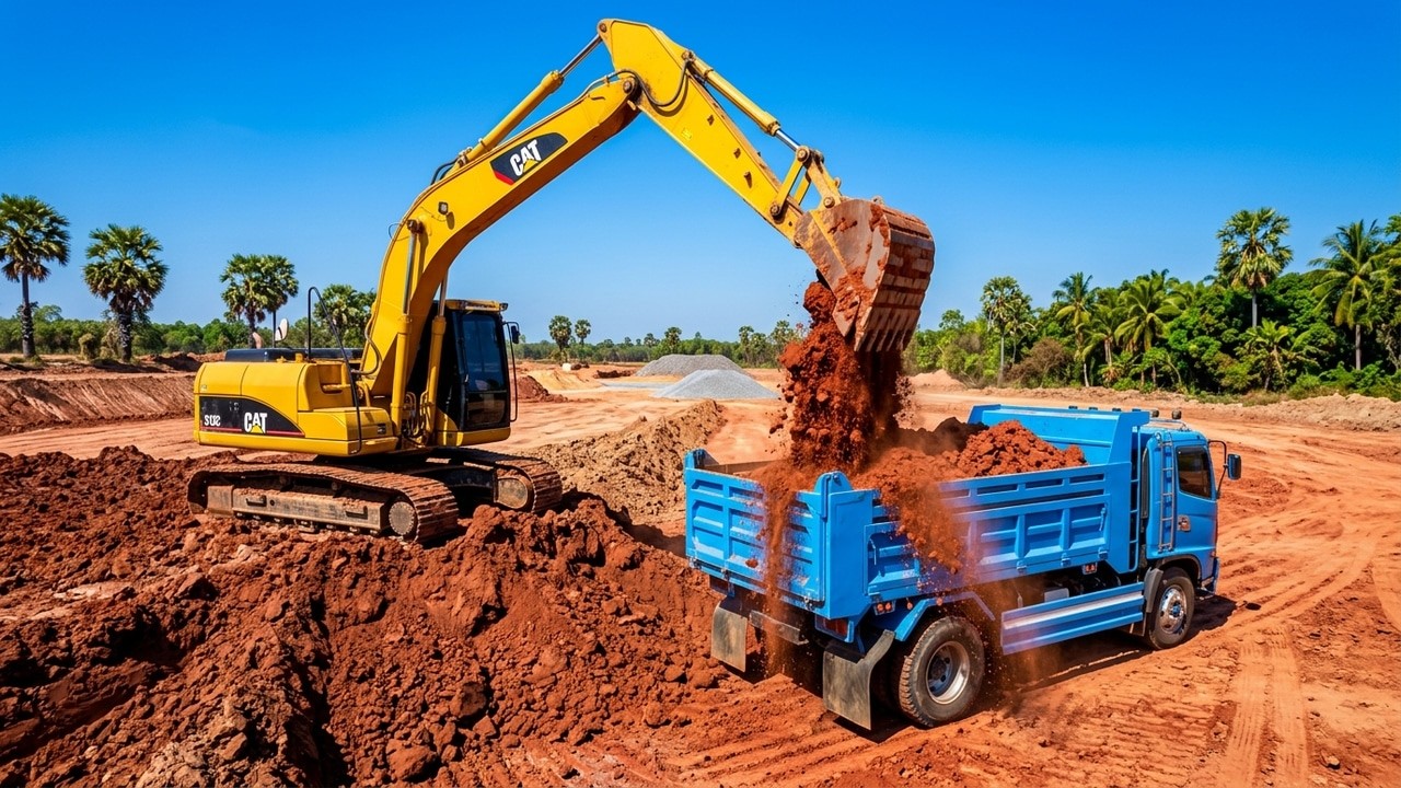Yellow Excavator Loading Dump Truck at Full Speed