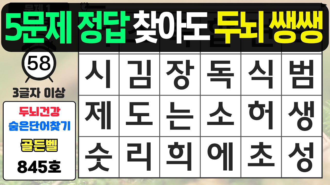 5문제 찾아도 두뇌 아주 쌩쌩합니다 - #845 숨은단어찾기,치매예방퀴즈,치매예방,치매테스트,단어퀴즈,치매예방활동